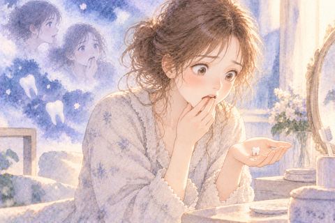 抜けた歯を手のひらに見つけ驚く大人の女性
