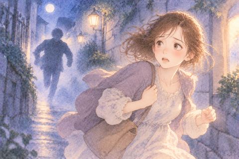 何者かに追われて振り返りながら走る大人の女性