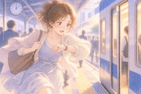 時計を見ながら駅へ急ぐ大人の女性