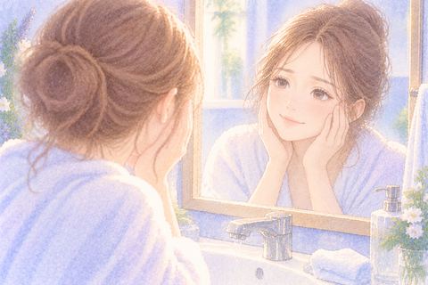 洗顔後のきれいな顔を見て微笑む女性