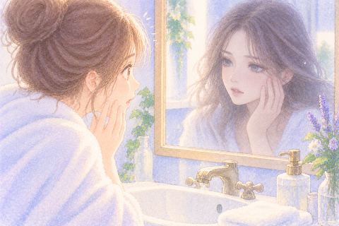 鏡の中の違う顔に驚く女性