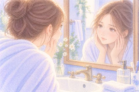 洗顔後に鏡の自分をじっと見る女性