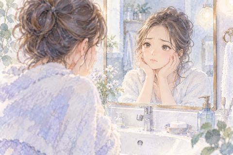 洗顔後も浮かない表情で鏡を見る女性