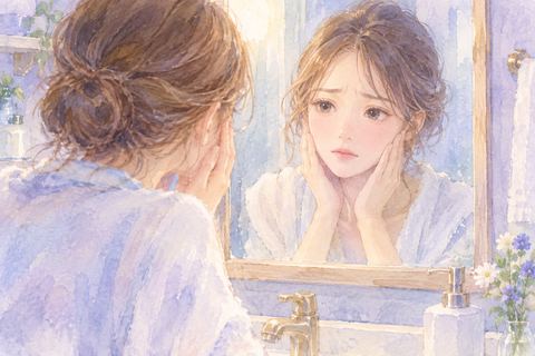顔を洗ったあと不安そうに鏡を見る女性