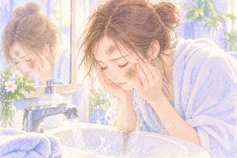 泥のついた顔を水で洗う女性