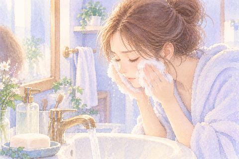 石鹸を使って丁寧に顔を洗う女性