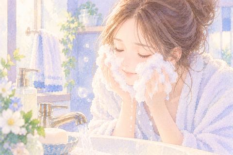 たっぷりの泡で顔を洗う女性