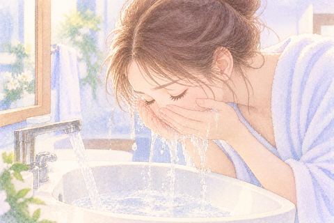 両手ですくった水だけで顔を洗う女性