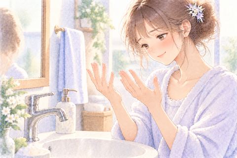 洗ったきれいな手を見て晴れやかに微笑む大人の女性