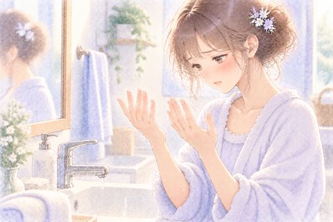 きれいな手を見ても不安そうな大人の女性