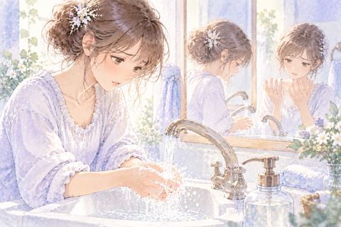 蛇口の前で何度も手を洗い続ける大人の女性
