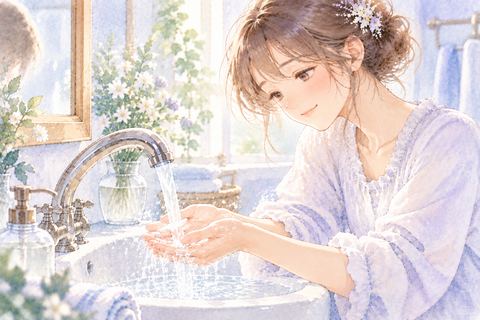 澄んだ水で手を洗い爽やかな表情の大人の女性