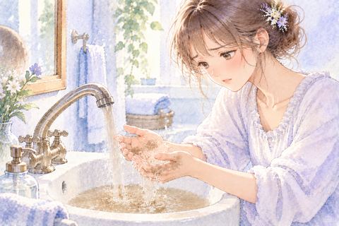 濁った水で手を洗い困った表情の大人の女性