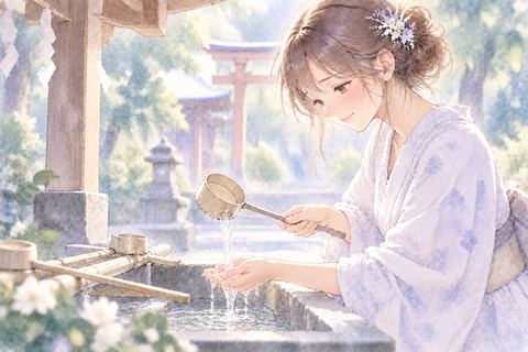 神社の手水舎で静かに手を清める大人の女性