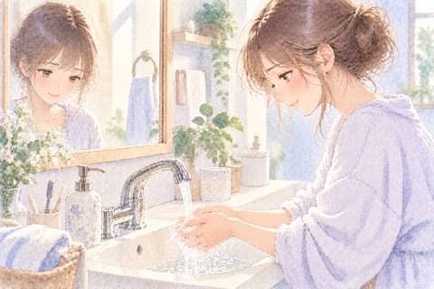 明るい洗面所で手を洗う大人の女性