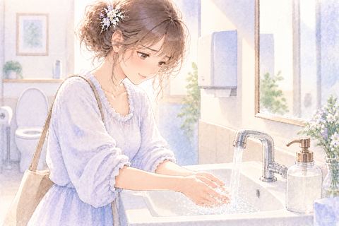 清潔なトイレの手洗い場で手を洗う大人の女性