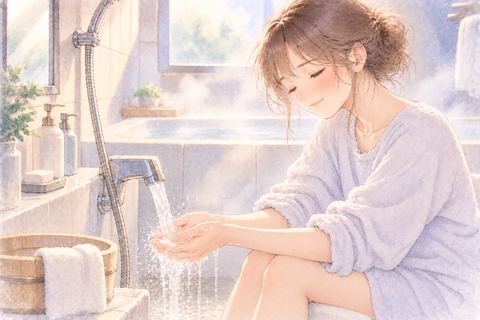 湯気のある浴室で手を洗いくつろぐ大人の女性