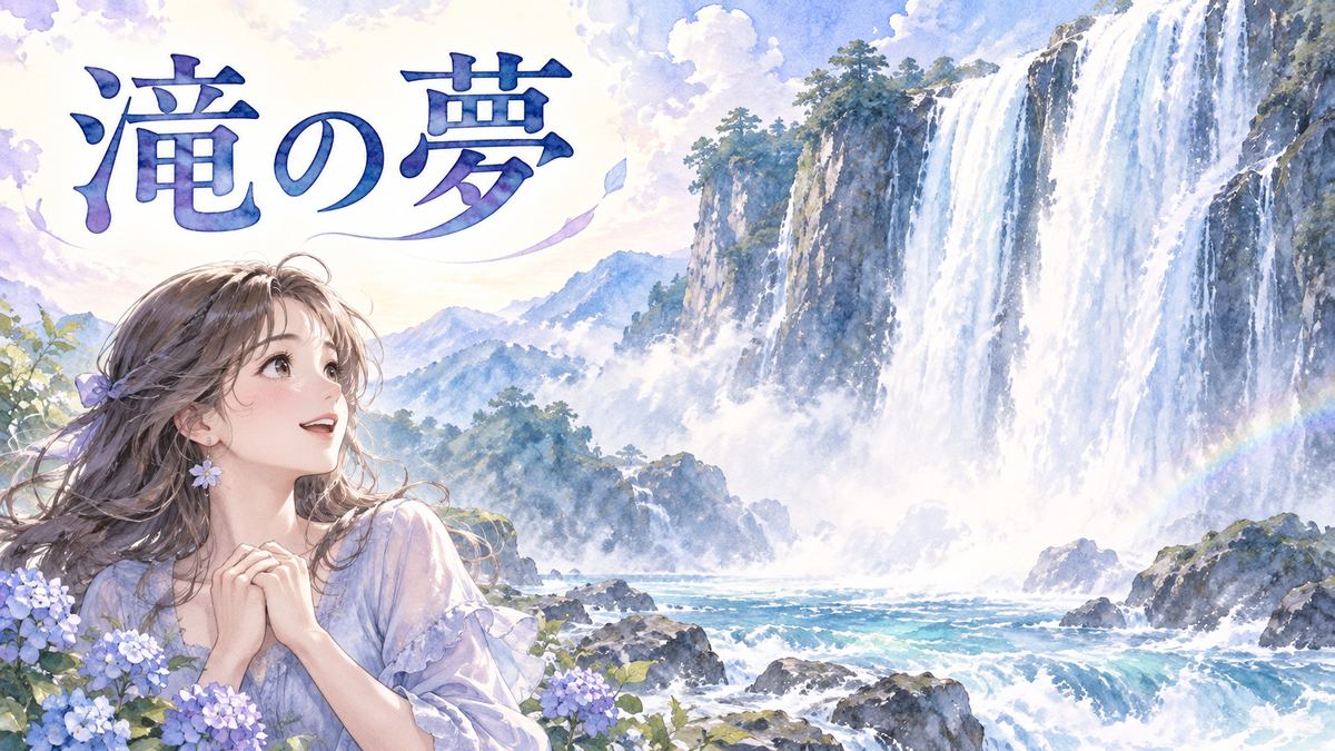 壮大な滝を見つめるふんわりした髪の女性と滝の夢というタイトル