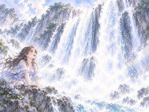巨大な滝を見上げ迫力に驚く女性