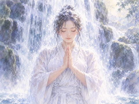 滝の水を浴びながら静かに手を合わせる女性