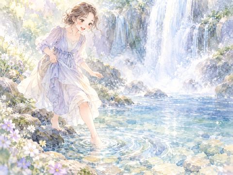 滝の浅い水辺へ自分から足を踏み入れる女性