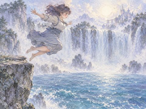 滝壺に向かって自分の意思で飛び込む女性