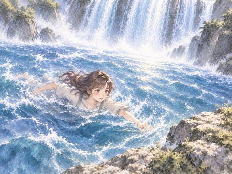 滝壺の波立つ水面を懸命に泳ぐ女性