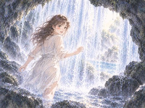 水のカーテンをくぐり滝の裏側へ進む女性