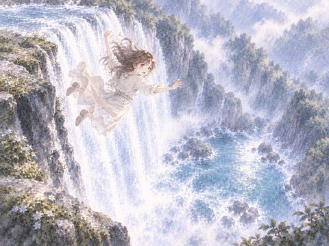 滝の上から足を滑らせて落下する女性