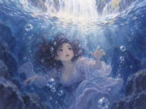 深い滝壺に落ち水中で戸惑う女性