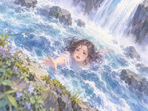 滝の激流に押し流され岸へ手を伸ばす女性