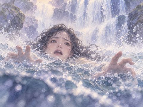 滝壺の水面で息苦しそうにもがく女性