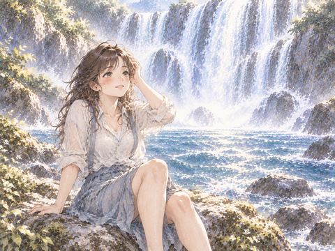 滝壺から岸へ上がり安心した表情を浮かべる女性