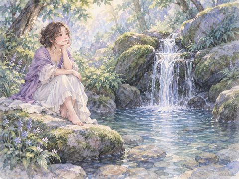 木々の間の小さな滝を眺めてくつろぐ女性