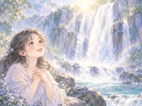 光り輝く美しい滝を見上げ感動する女性