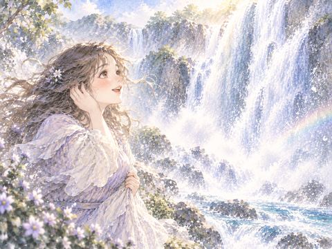 大きな滝の音を聞いて耳元に手を添える女性
