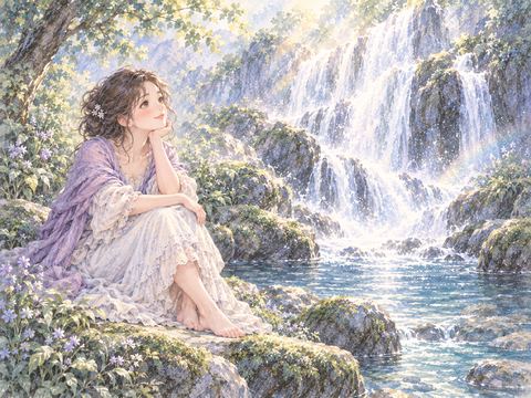 滝のそばに座り穏やかな表情でくつろぐ女性