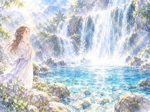 透明な滝の水と輝く水しぶきを見つめる女性