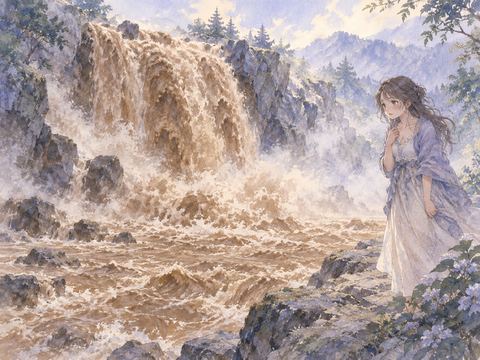 茶色く濁った滝の水を見て戸惑う女性