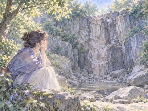 水の流れない乾いた滝の岩肌を寂しそうに眺める女性
