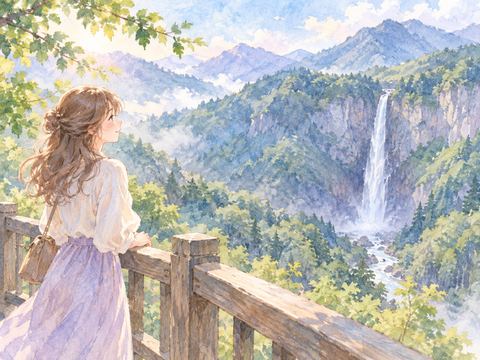 遠くの山肌を流れる滝を展望台から眺める女性