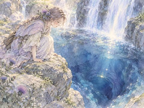 深い滝壺の水面を覗き込む女性