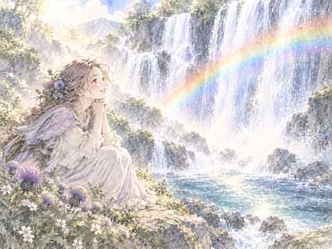 滝の水しぶきに架かる虹を見て感動する女性