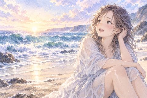 大波のあと安全な場所で安堵する女性