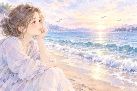 穏やかな波を安心して眺める女性