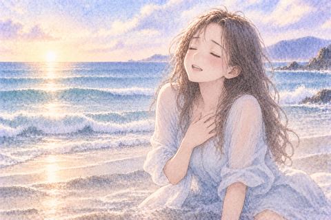 波が去ったあと安堵する大人の女性