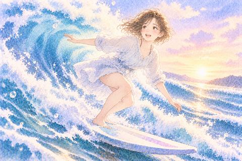 大きな波に乗って進む女性