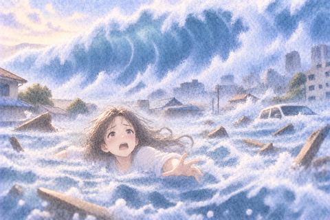 街へ迫る巨大な津波に巻き込まれる女性