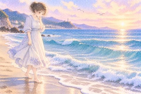 波打ち際で海と陸の境目に立つ女性