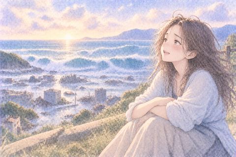 津波のあと安全な高台で安堵する女性